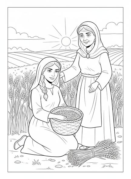 Ruth ramassant des épis, page à colorier du Livre de Ruth pour les enfants de 5 à 10 ans