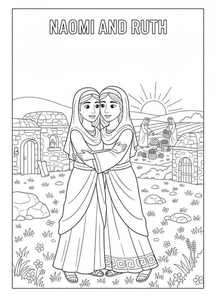 Naomi e Rute, página de colorir do Livro de Rute para crianças da Escola Dominical de 5 a 12 anos