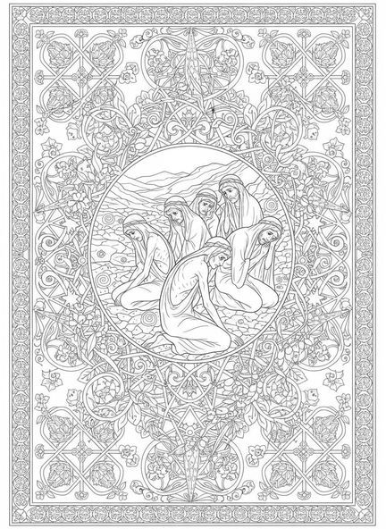 Grupo de israelitas angustiados, página para colorear de la Serpiente de Bronce estilo journaling bíblico para adultos