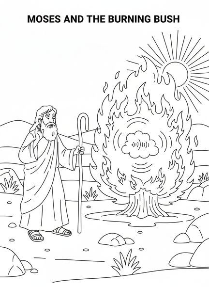 Moïse écoutant, Voix de Dieu du Buisson Ardent page à colorier pour enfants de 5 à 10 ans