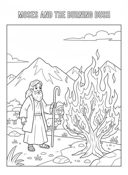 Moïse devant le buisson ardent, page à colorier pour enfants de 5 à 10 ans