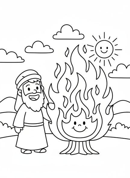 Moisés con la zarza ardiente, página para colorear de la Zarza Ardiente para niños de 3 a 5 años.