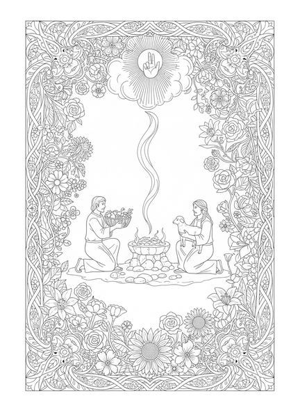 Offrande de Caïn et Abel, page à colorier Caïn et Abel pour le style de journal biblique pour adultes.