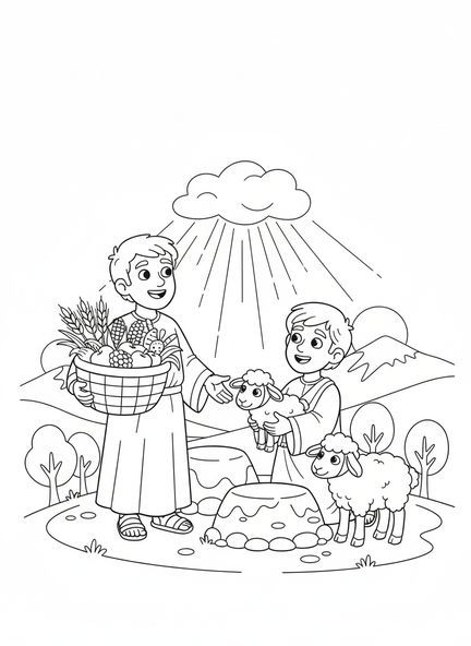 Deux frères présentant des offrandes, page à colorier Caïn et Abel pour les enfants de 5 à 10 ans.