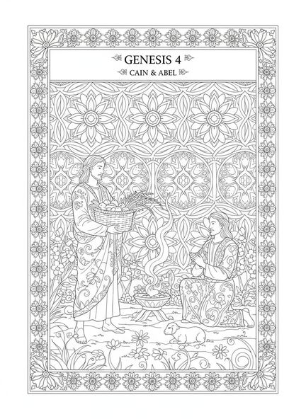 Rencontre de Caïn et Abel, page à colorier de Caïn tuant Abel dans un style de journal biblique pour adultes.