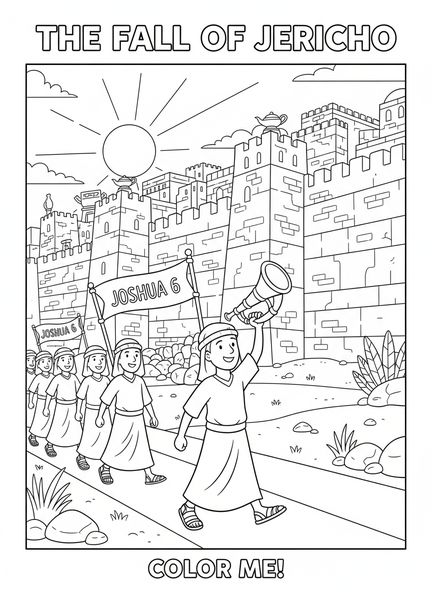 Grupo de israelitas, página para colorear de la Ciudad de Jericó para niños de Escuela Dominical de 5 a 12 años.
