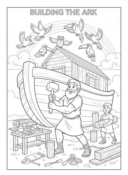 Noé construisant l'arche, coloriage sur la Création avec des oiseaux et des poissons pour les enfants de 5 à 10 ans.