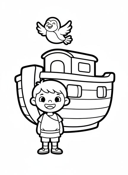 Noé souriant, coloriage des oiseaux et poissons de la Création pour les enfants d'âge préscolaire de 3 à 5 ans