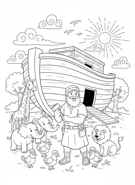 Noah baut die Arche, Malvorlage zum Schöpfungstag 2 Himmel Wasser für Kinder im Alter von 5-10 Jahren.