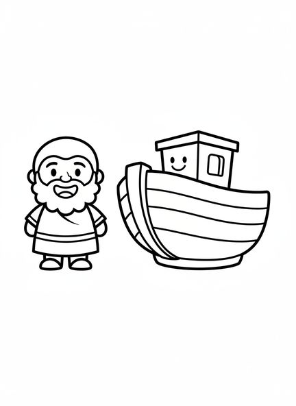 Lächelnder Noah mit der Arche, Ausmalbild zum Schöpfungstag 2 Himmel Wasser für Vorschulkinder im Alter von 3-5 Jahren.