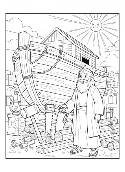 Teilweise gebaute Arche, Malvorlage zum Himmel und Wasser am Schöpfungstag 2 für Sonntagsschulkinder im Alter von 5-12 Jahren.