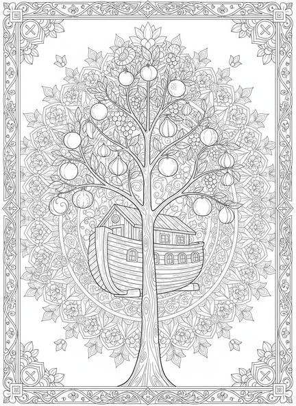 Arbre majestueux portant des fruits, page à colorier sur la Création Jour 3 Plantes terrestres pour adultes dans un style de journal biblique