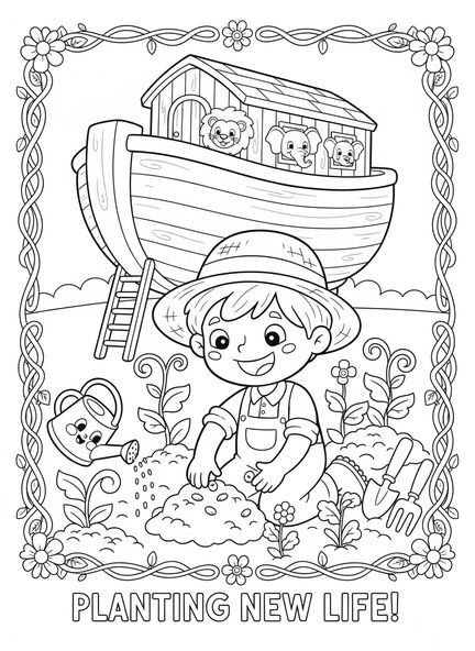Jardinier joyeux plantant des graines, page à colorier sur la Création Jour 3 Plantes terrestres pour les enfants de 5 à 10 ans.