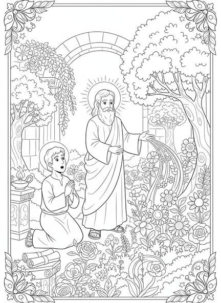 Dieu créant un jardin luxuriant, page à colorier sur la Création Jour 3 Plantes terrestres pour les enfants de l'École du dimanche âgés de 5 à 12 ans.