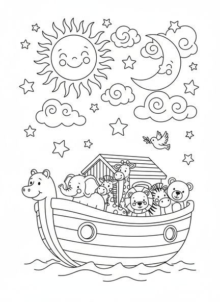 Sol sonriente y luna alegre, página para colorear del Día de la Creación 4 Sol Luna Estrellas para niños de 5 a 10 años.