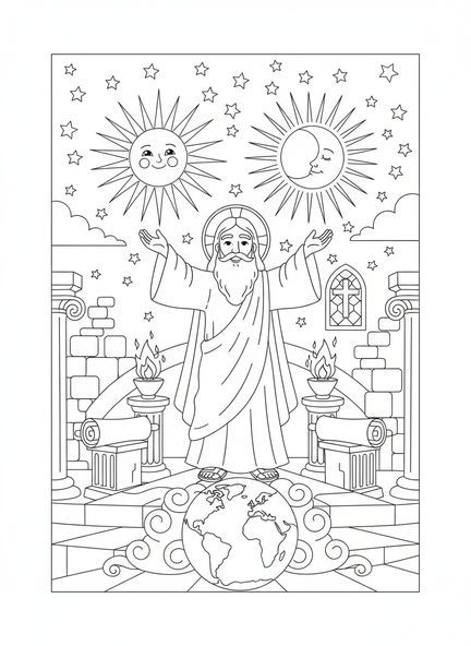 Sol y luna, Día de la Creación 4 Página para colorear Sol Luna Estrellas para Escuela Dominical niños de 5 a 12 años.