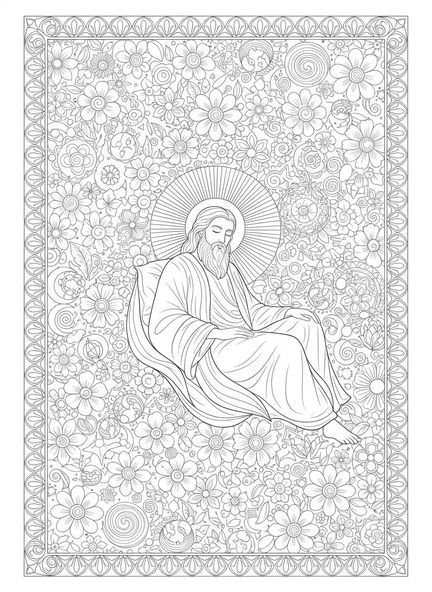 Dieu se reposant, page à colorier sur le repos du septième jour pour adultes dans un style de journal biblique