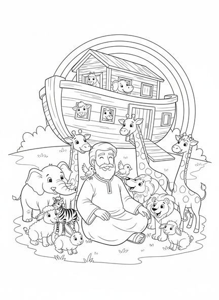 Noé se reposant sur une colline, page à colorier sur le repos du septième jour de la Création pour les enfants de 5 à 10 ans