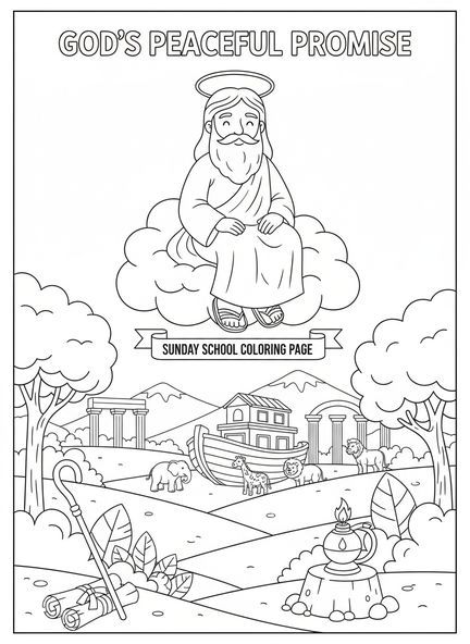 Gott ruht auf einer Wolke, Ausmalbild zum Ruhetag am siebten Schöpfungstag für Sonntagsschulkinder im Alter von 5-12 Jahren.