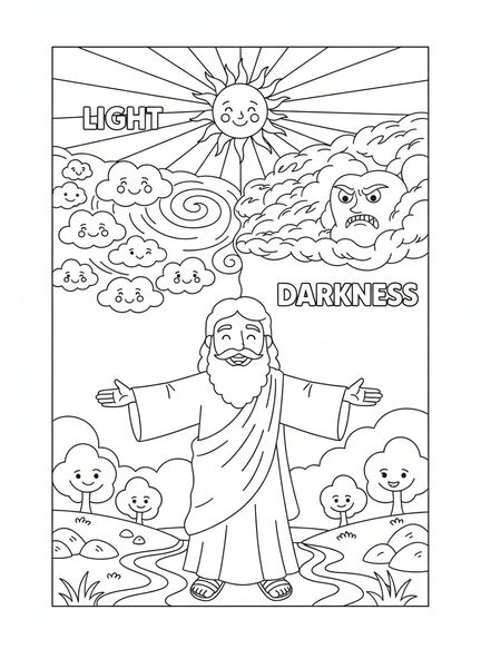 Gott erschafft Licht, Ausmalbild zur Schöpfung Licht Dunkelheit für Kinder im Alter von 5-10 Jahren.
