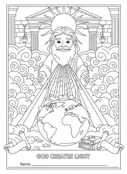 Gott schafft Licht, Ausmalbild über Licht und Dunkelheit für die Sonntagsschule für Kinder im Alter von 5-12 Jahren.