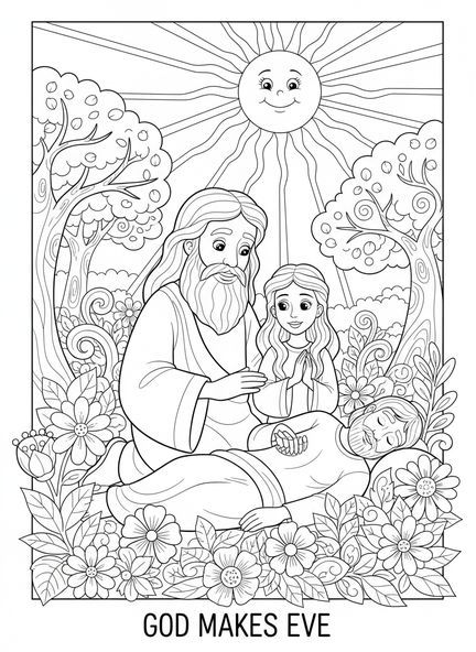Dios formando a Eva, página para colorear sobre la Creación de Eva para niños de 5 a 10 años