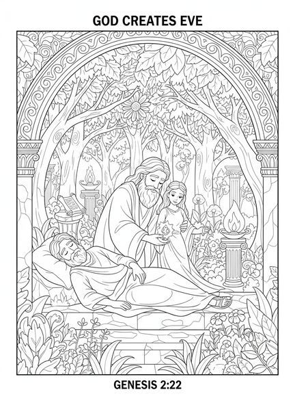 Dios formando a Eva, página para colorear de la Creación de Eva para niños de Escuela Dominical de 5 a 12 años.