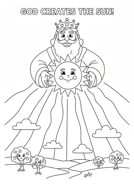 Dios creando el sol, página para colorear de la Creación Sol Luna Estrellas para niños de 5 a 10 años