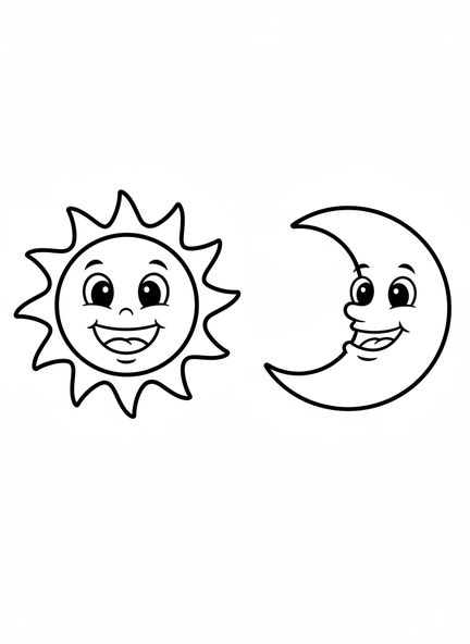 Sol e lua sorridentes, página de colorir Criação Sol Lua Estrelas para crianças de 3 a 5 anos.