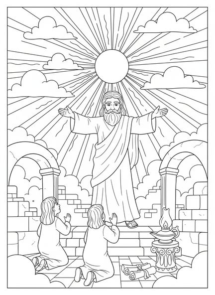 Sol radiante, página de colorir sobre a Criação Sol Lua Estrelas para crianças da Escola Dominical de 5 a 12 anos.