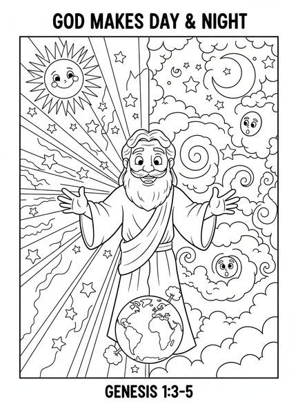Deus criando a luz, página para colorir sobre a Criação para crianças de 5 a 10 anos