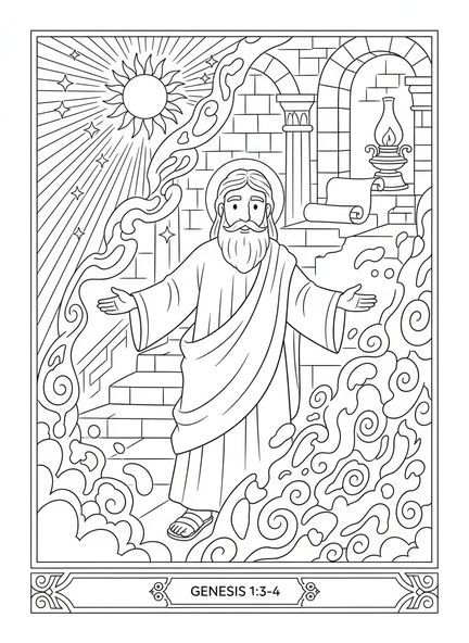 Dieu créant la lumière, page à colorier de la Création pour les enfants de l'École du dimanche âgés de 5 à 12 ans.