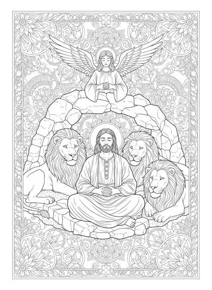Daniel in ruhiger Haltung, Daniel in der Löwengrube mit einem Engel, der die Mäuler der Löwen schließt, Ausmalbild für Erwachsene im Bibel-Journaling-Stil.
