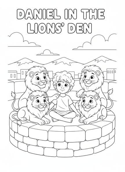 Daniel umgeben von freundlichen Löwen, Daniel Löwengrube Engel, der die Löwenmäuler schließt Malvorlage für Kinder im Alter von 5-10 Jahren.