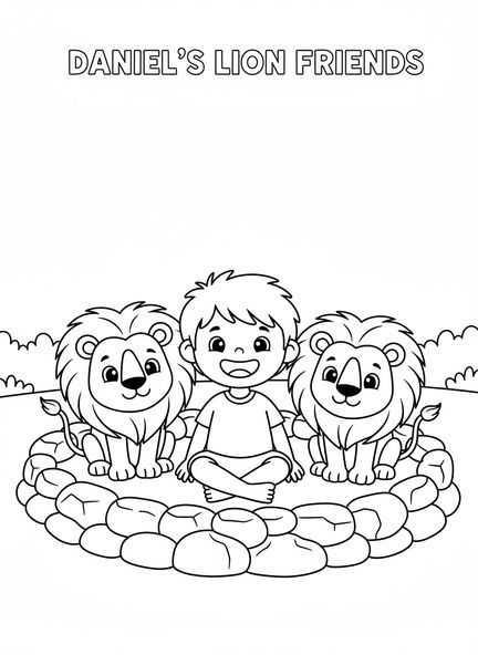 Lächelnder Daniel mit zwei freundlichen Löwen, Daniel in der Löwengrube, Engel schließt die Löwenmäuler, Ausmalbild für Vorschulkinder im Alter von 3-5 Jahren.