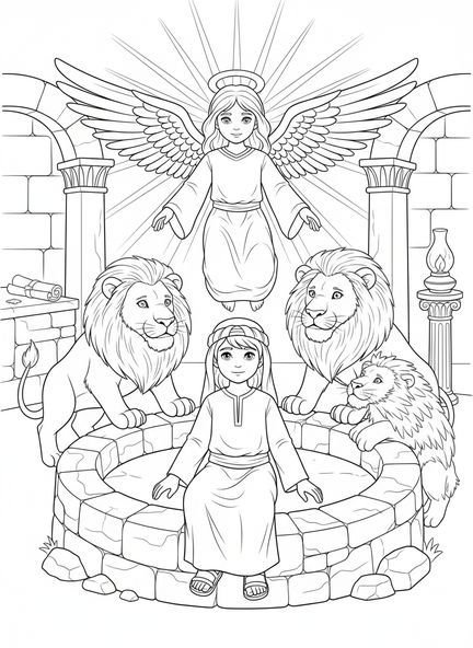 Daniel in der Löwengrube, Ausmalbild von Daniel in der Löwengrube mit einem Engel, der die Mäuler der Löwen schließt, für die Sonntagsschule für Kinder im Alter von 5-12 Jahren.