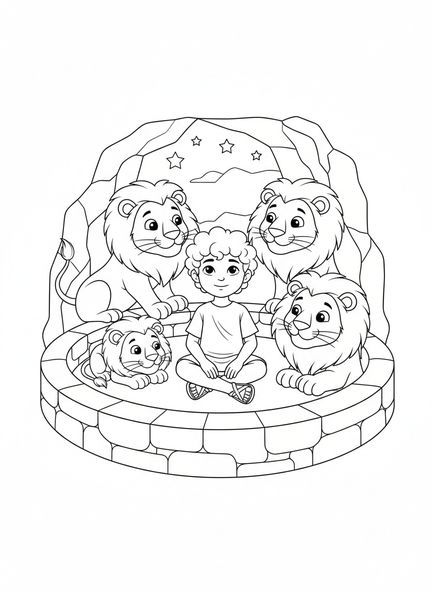 Daniel dans la fosse aux lions, page à colorier sur Daniel libéré de la fosse pour les enfants de 5 à 10 ans.