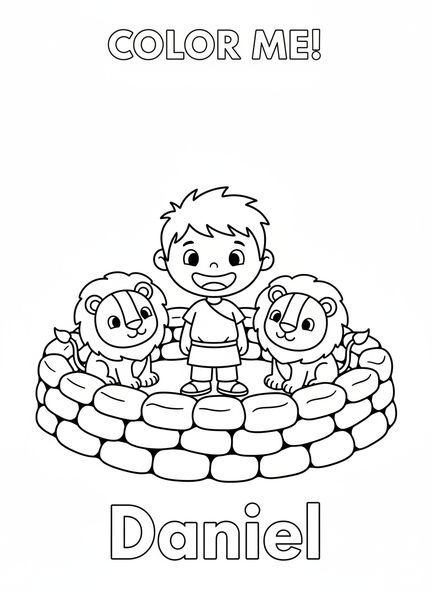 Daniel sonriendo en la fosa, página para colorear de Daniel en el foso de los leones, Daniel liberado del foso para niños en edad preescolar de 3 a 5 años