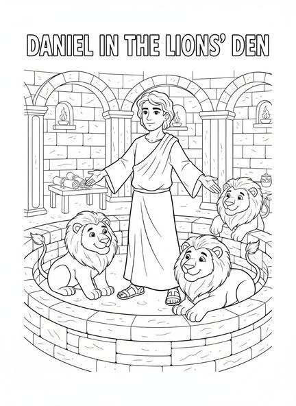 Daniel corajoso, página para colorir sobre Daniel na cova dos leões para crianças da Escola Dominical de 5 a 12 anos