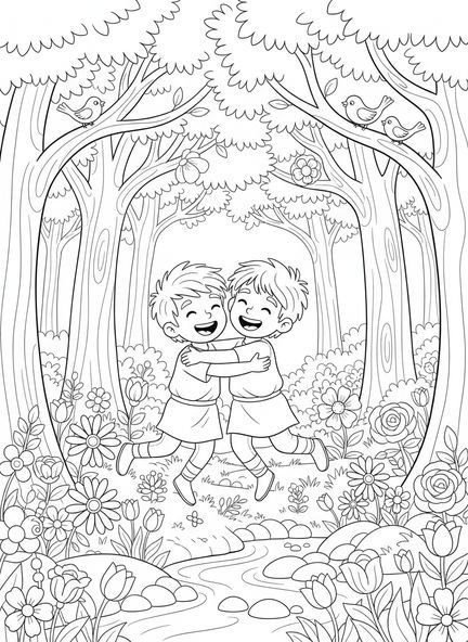 David und Jonathan umarmen sich, Ausmalbild von David und Jonathan für Kinder im Alter von 5-10 Jahren