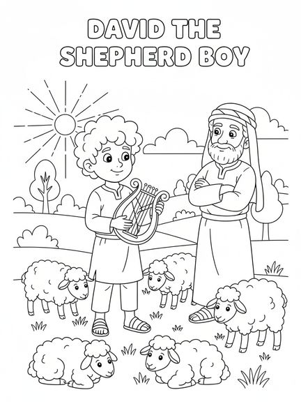 El joven pastor David con arpa, página para colorear de David ungido rey para niños de 5 a 10 años