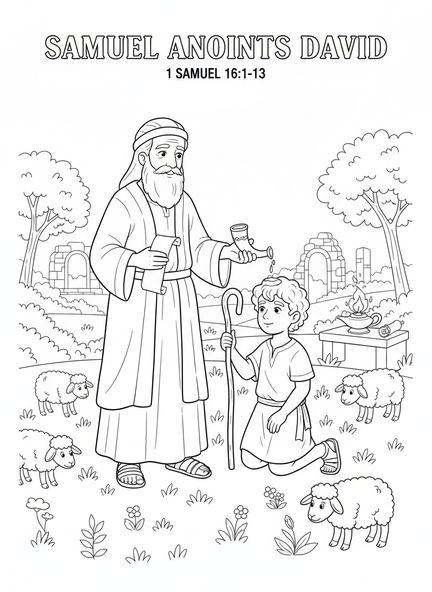 Samuel derramando aceite sobre la cabeza de David, página para colorear de David ungido rey para niños de la Escuela Dominical de 5 a 12 años.