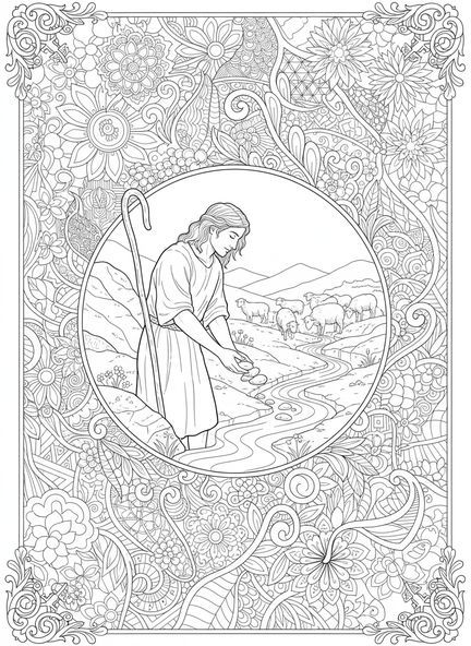David wählt Steine aus, David gegen Goliath Ausmalbild für Erwachsene im Bibel-Journaling-Stil.