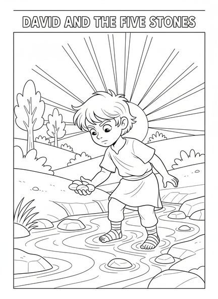 David, der Steine auswählt, David gegen Goliath Malvorlage für Kinder im Alter von 5-10 Jahren.