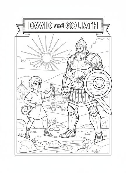 Davi enfrentando Golias, página para colorir do Davi jogando a funda para crianças de 5 a 10 anos.