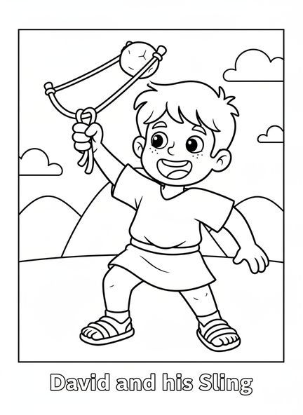 David sonriente, David y Goliat, página para colorear de David lanzando la honda para niños en edad preescolar de 3 a 5 años.