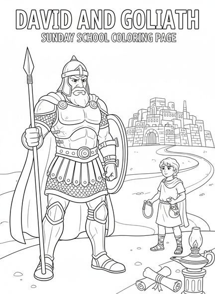 Golias em armadura, Davi e Golias, página de colorir para crianças de 5 a 12 anos na Escola Dominical.