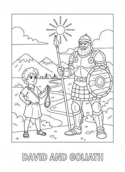 David mit Schleuder, David Goliath David Mit dem Schwert der Riesen Malvorlage für Kinder im Alter von 5-10 Jahren