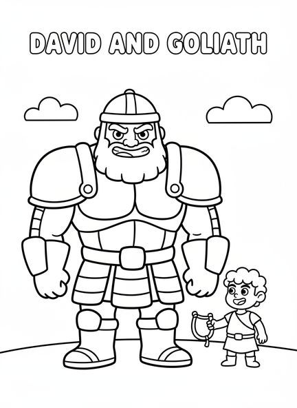 Golias em armadura, Davi e Golias com a espada dos gigantes, página para colorir para crianças de 3 a 5 anos.