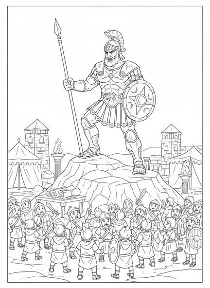 Golias em armadura, Davi e Golias com a espada dos gigantes, página para colorir para crianças da Escola Dominical de 5 a 12 anos.